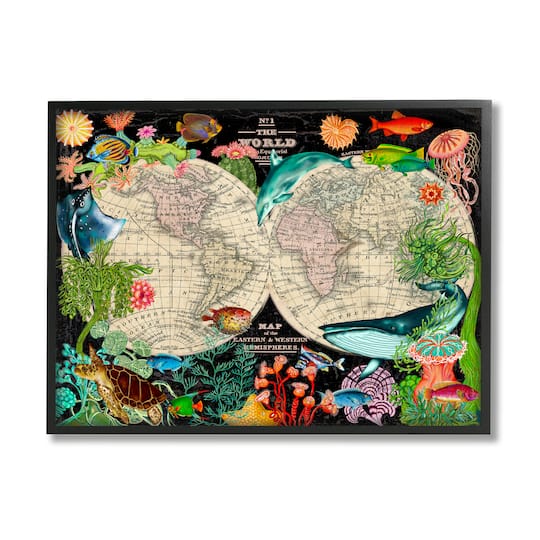 Stupell Industries Vintage World Hemisphere Map Vibrant Marine Animal Illustrations Framed Wall Art